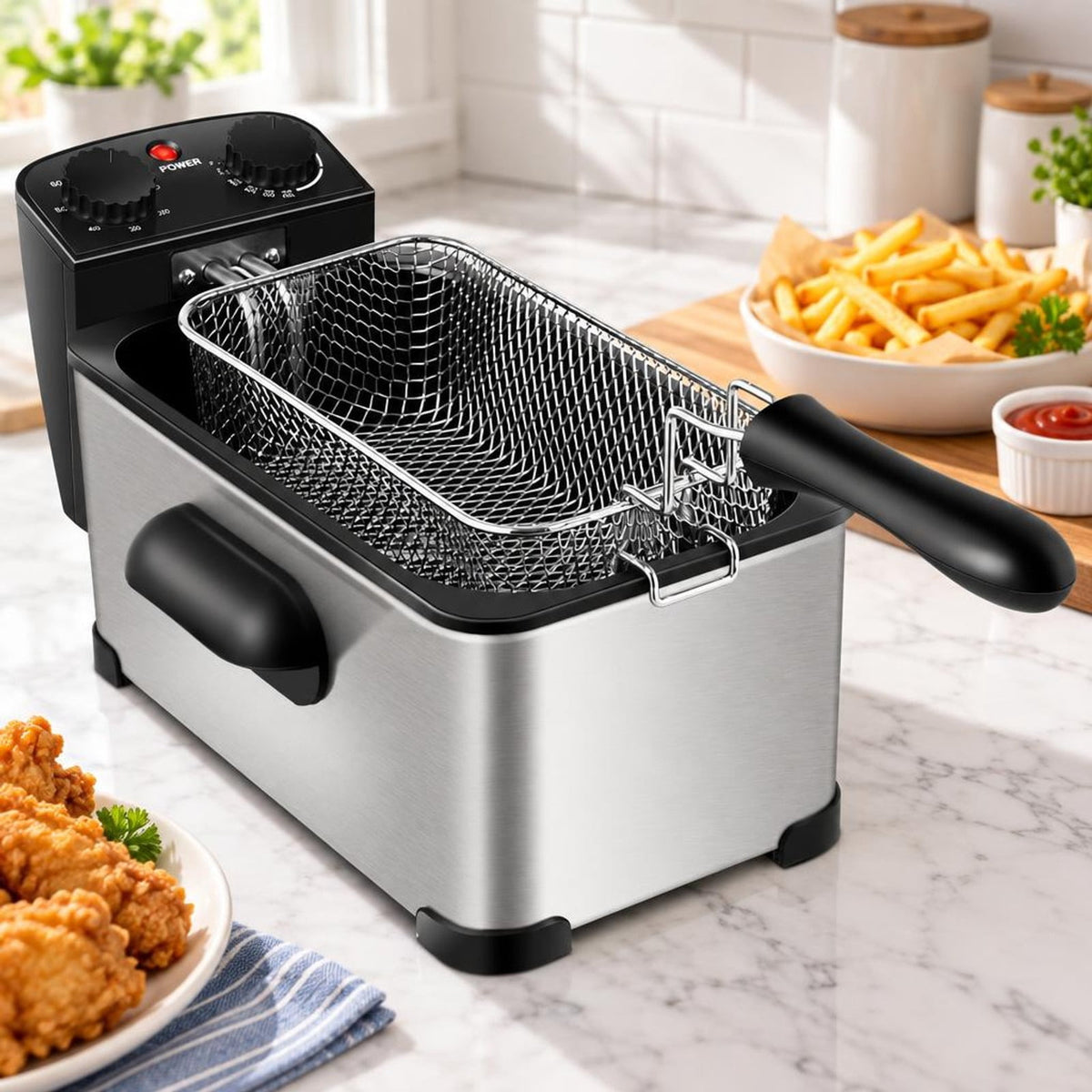 Airfind 3.2 Quart Electric Stainless Steel Deep Fryer featuring Timer, Stainless Steel Iron Frame, 21.5 Inch x 9.5 Inch x 8.5 Inch Footprint, Silver