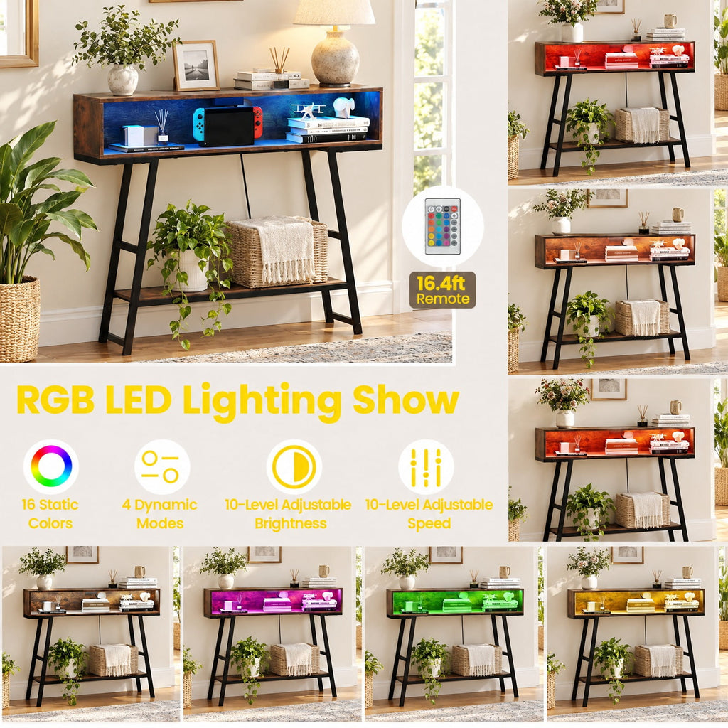 AIRFIND Console Table with Charging Station and RGB LED Lights, 40 inch Narrow Sofa Table with Open Storage and Metal Frame, Rustic Brown