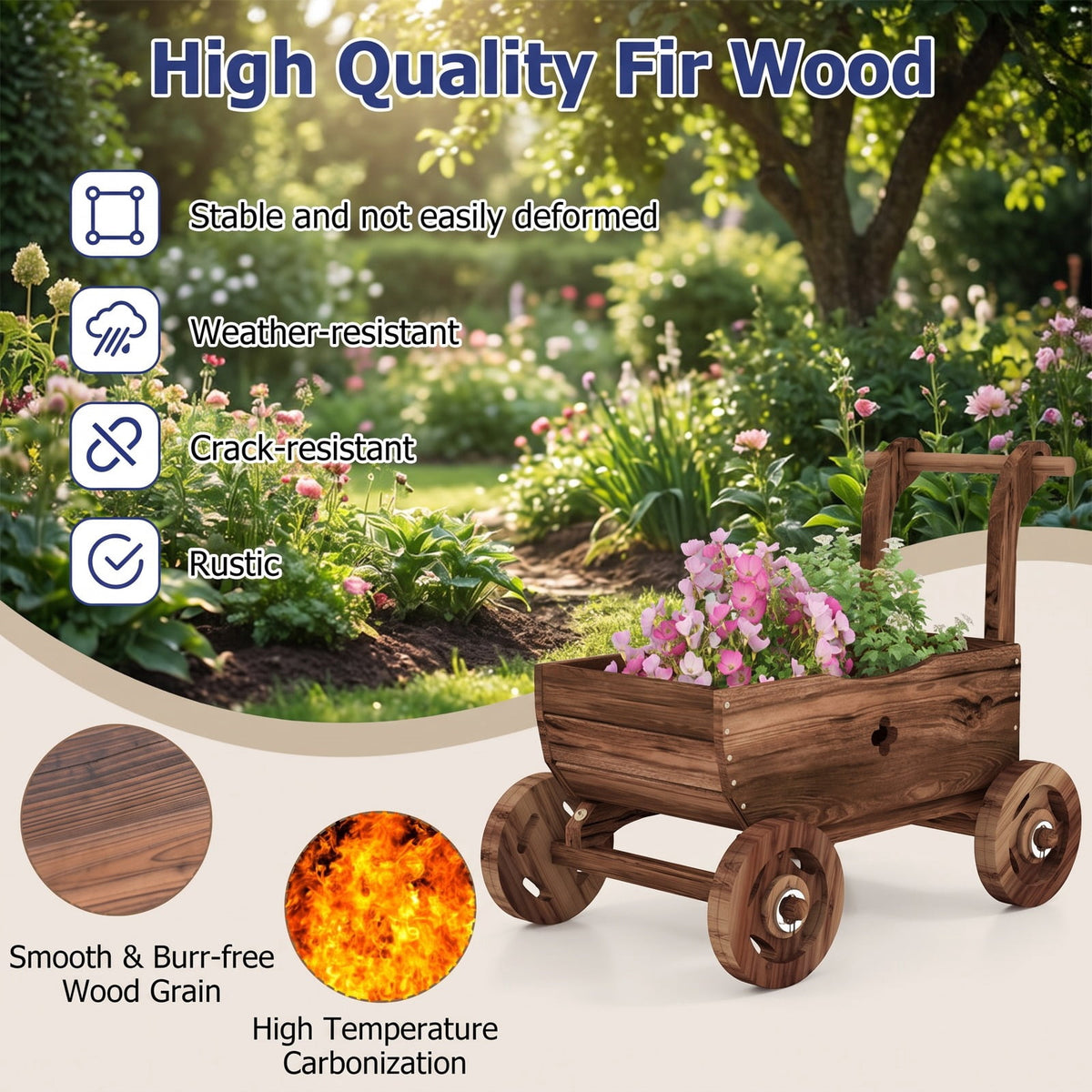 Airfind Decorative Wooden Wagon Cart with Handle Wheels and Drainage Hole, 44 lbs Capacity, Fir Wood Frame, 27 x 15 x 21 Footprint, Brown