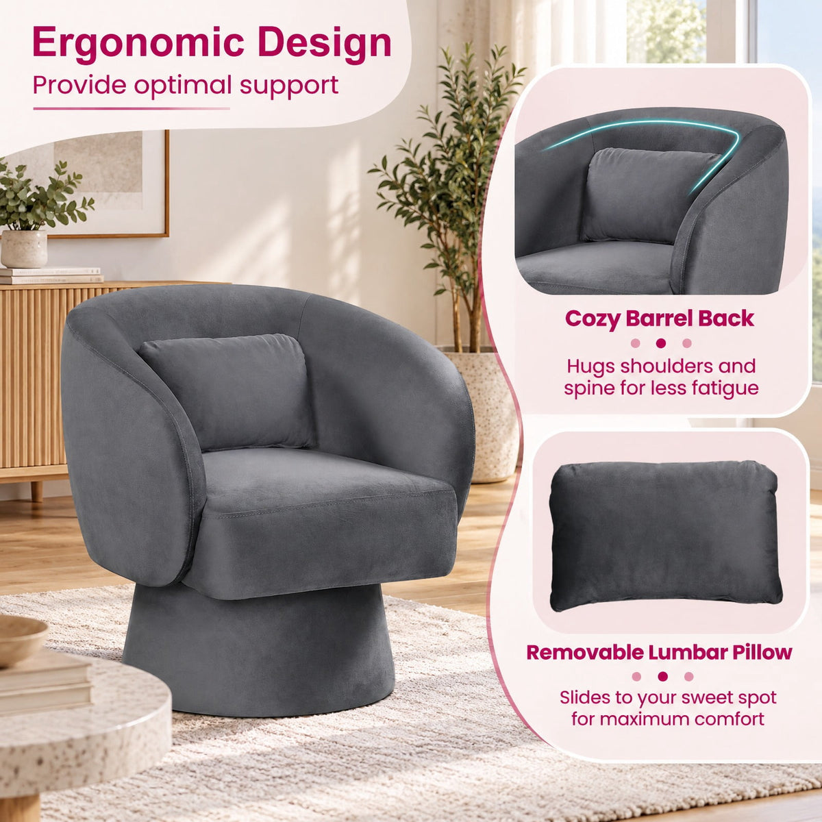 Airfind Swivel Accent Chair Upholstered Barrel Chair with Curved Back and Removable Lumbar Pillow, 400 lbs Capacity, 28.5 x 26.5 x 30.5 Footprint