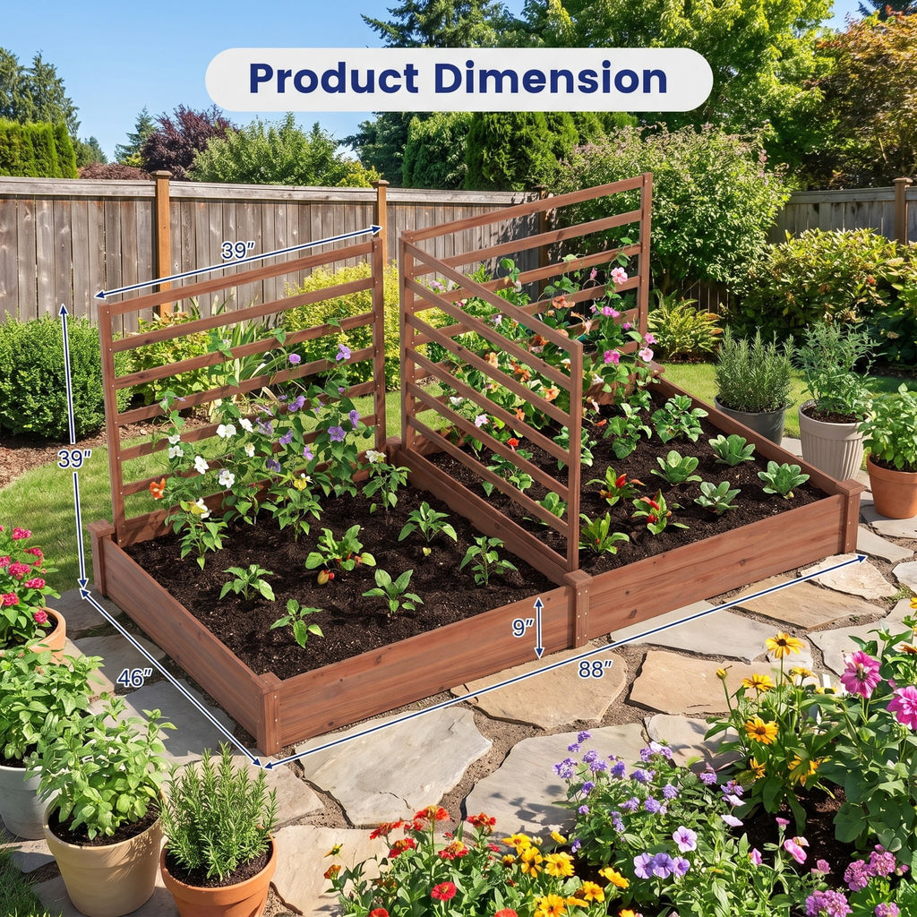 Airfind Raised Garden Bed with 2 Planter Boxes and 3 Trellis, 22 lbs Capacity, Fir Wood Frame, 88 x 45 x 43 (L x W x H) Interior Footprint, Brown