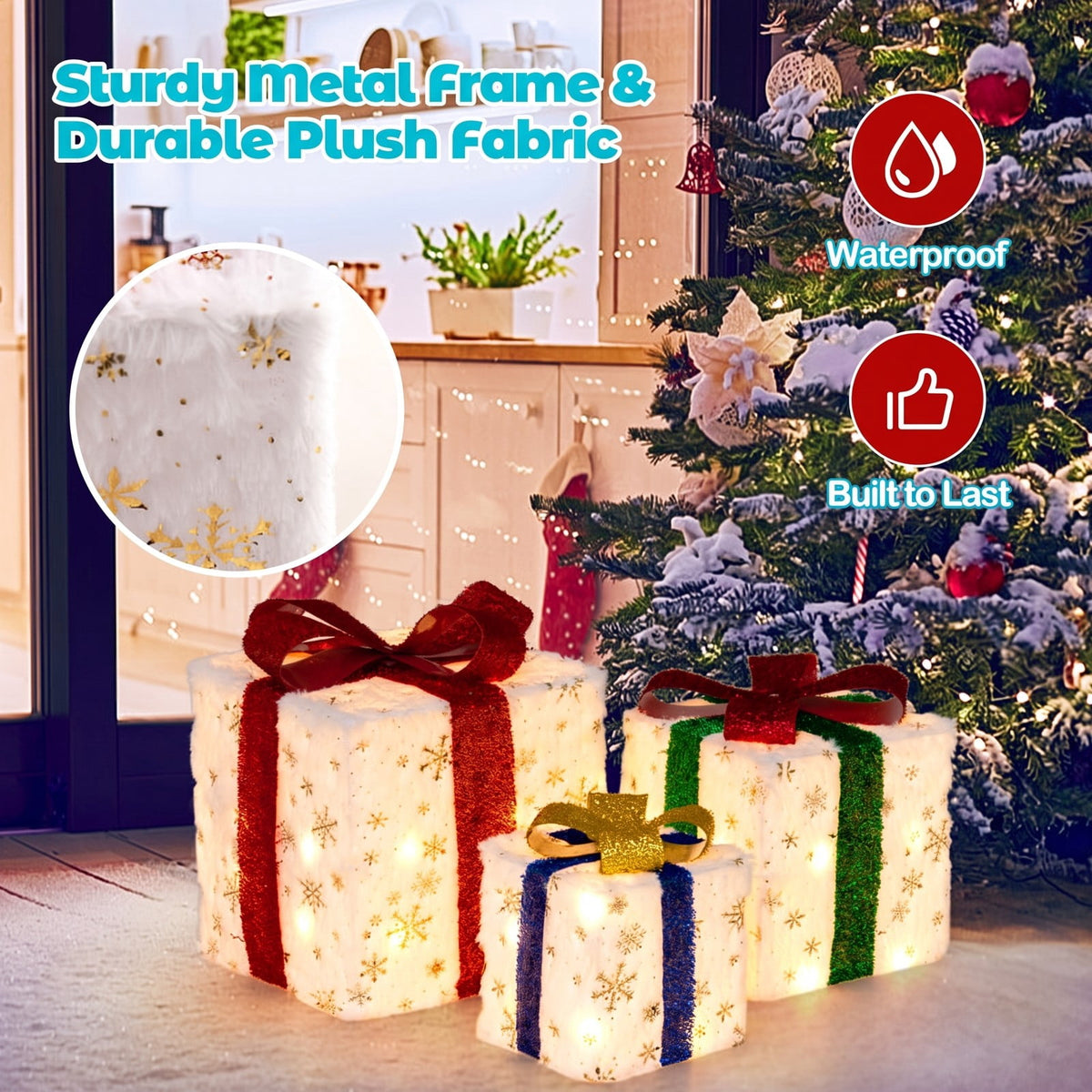 Airfind Set of 3 Christmas Lighted Gift Boxes with 48 Bright Warm Lights, Polyester Fabric PVC Plush Fabric Frame, White+Red+Golden+Green+Blue