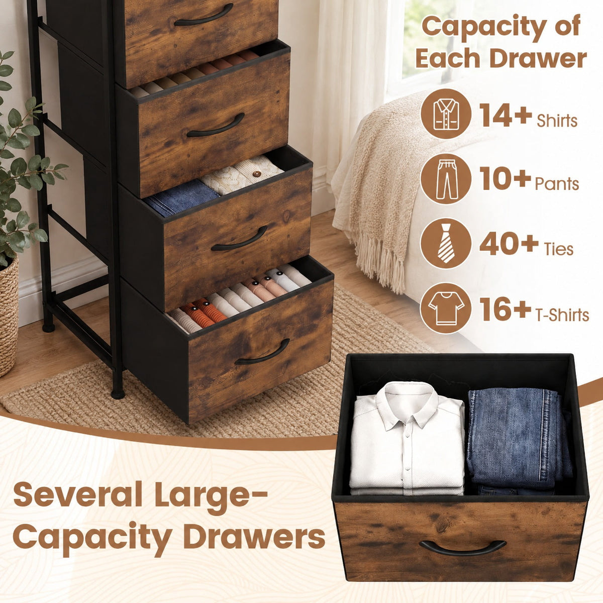 Airfind Dresser Nightstand with 4 Roomy Fabric Drawers and Metal Frame, 130 lbs Capacity, Metal Engineered Wood Non-Woven Fabric Frame, Brown