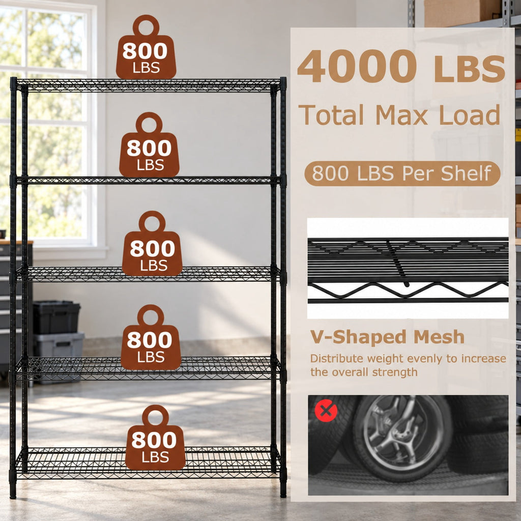 Airfind 5-Tier Metal Storage Shelving Unit with V-Shaped Wire Rack, 4000 lbs Capacity, Metal Frame, 48 x 18 x 72.5 Total Footprint, Black