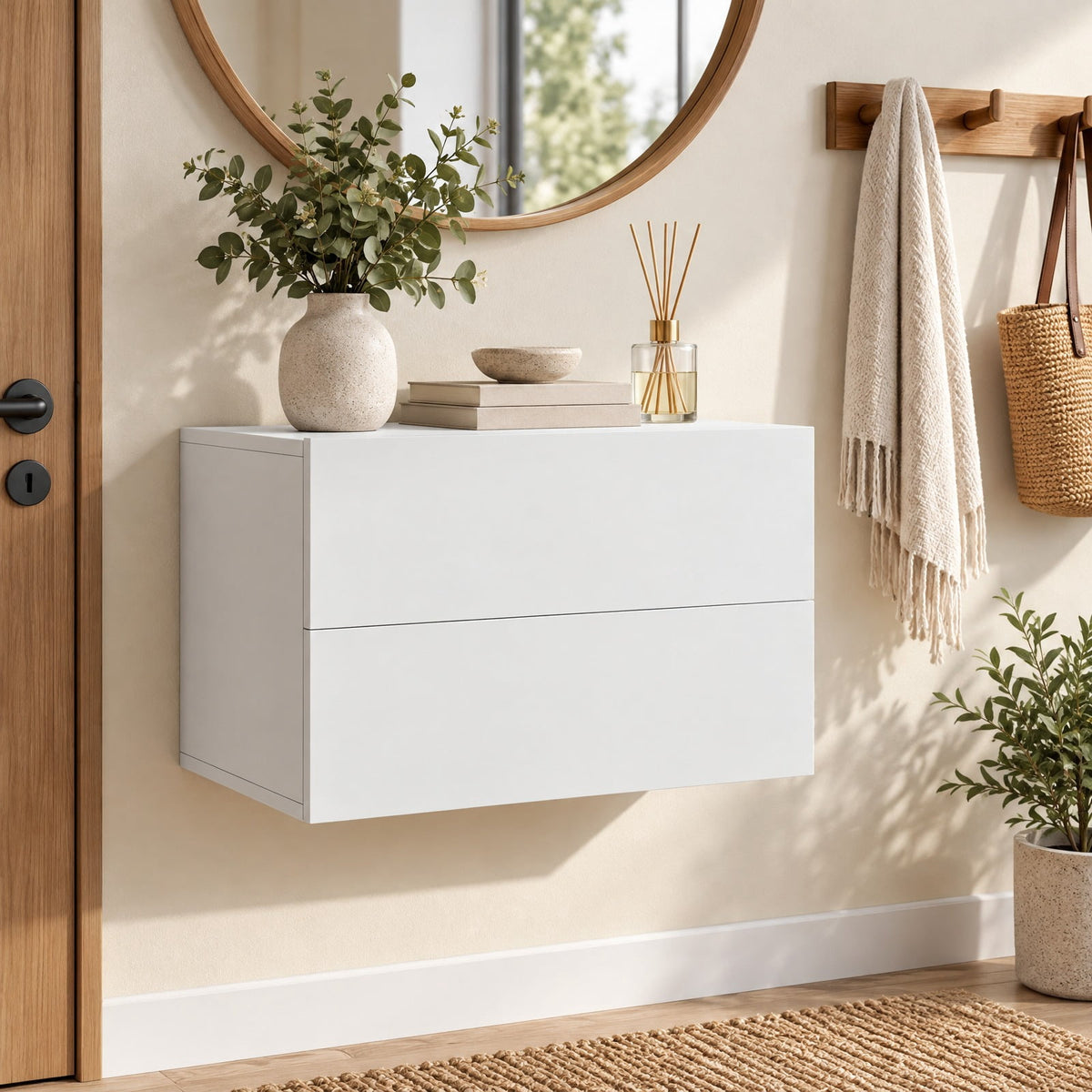 Airfind Floating Nightstand with 2 Storage Drawers Wall Mounted for Bedroom, White, Wide tabletop and 2 drawers keep bedtime essentials within reach