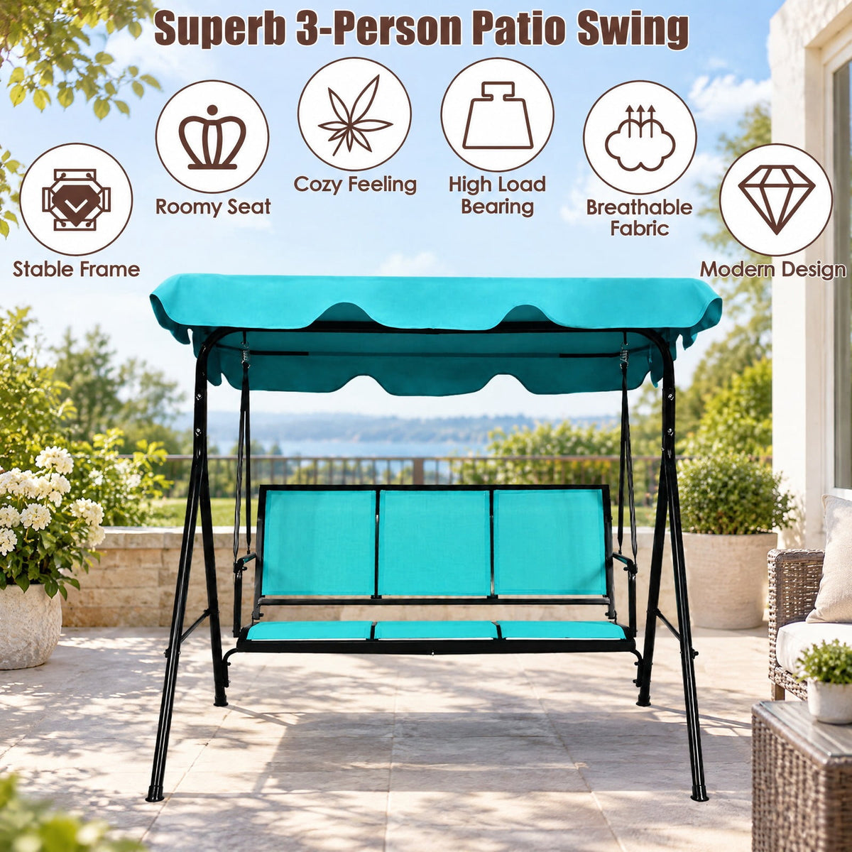 Airfind Outdoor Patio 3 Person Porch Swing Bench Chair with Canopy, 550 lbs Capacity, Steel textile fiber polyester Frame, Blue