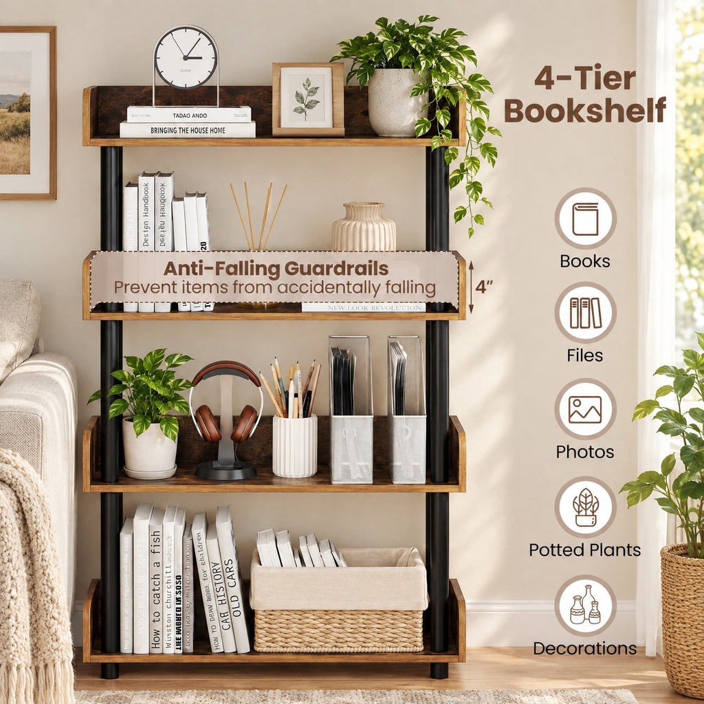 Airfind 4-Tier Bookshelf Open Bookcase with Anti-Tipping Kit Industrial Storage Unit, 33 lbs Capacity, Engineered Wood PE PP Frame, Brown