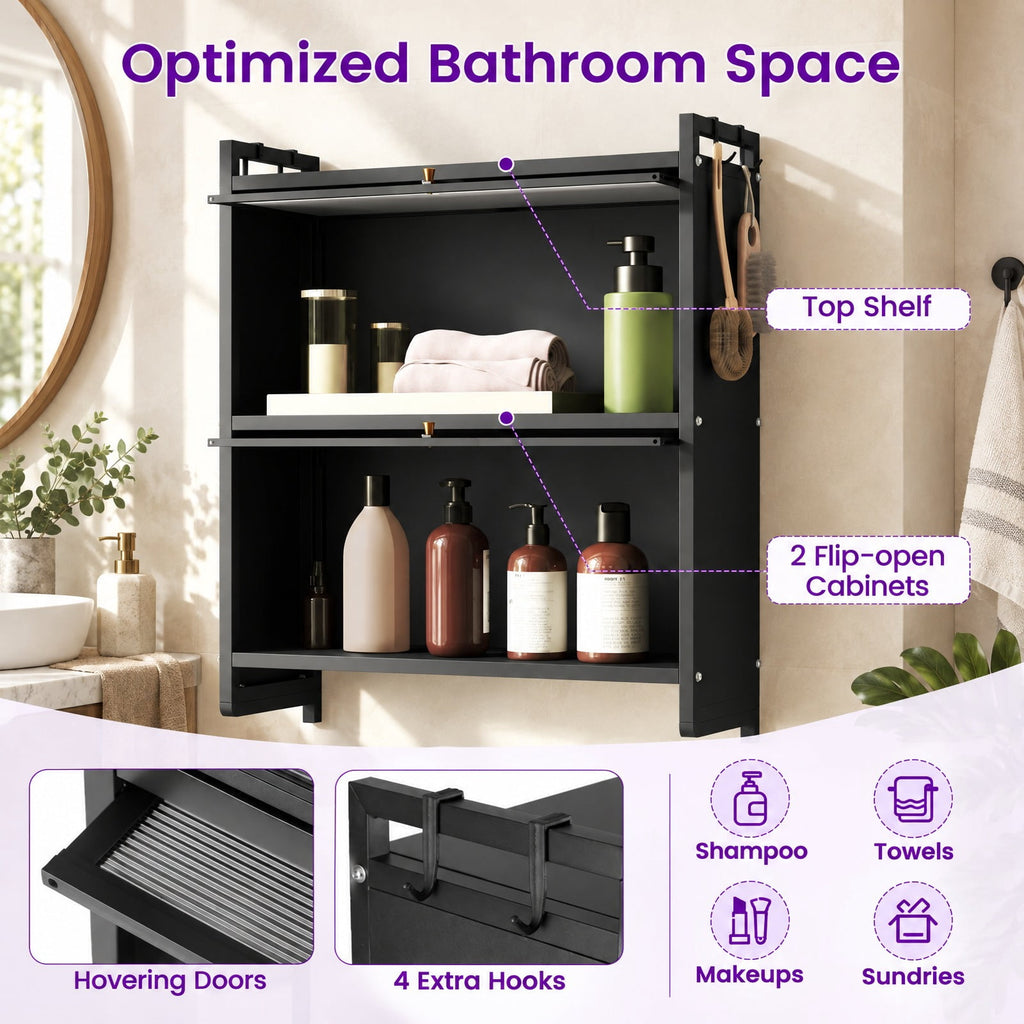 Airfind Over-the-toilet Cabinet Bathroom Organizer with 2 Flip-up Cabinets, 33 Lbs Capacity, Carbon Steel PC Plastic, Black