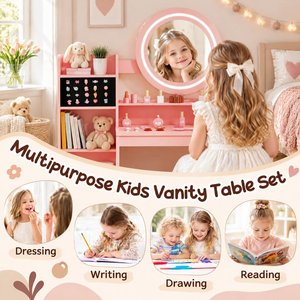 Airfind Kids Vanity Desk with Mirror and Lights Princess Pretend Play Dressing Table and Chair Set, 66 lbs Capacity, MDF Frame, for 3+ years old