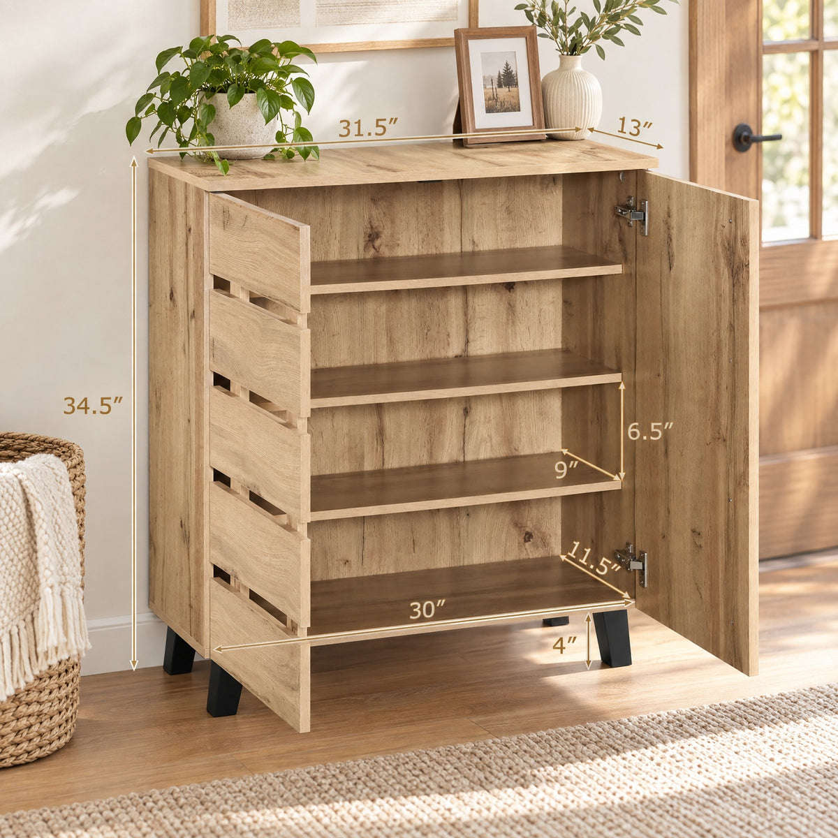 Airfind 4-Tier Shoe Cabinet 2-Door Storage Organizer with Louvered Door, 90 lbs Capacity, MDF Engineered Wood Frame, 31.5 x 13 x 34.5 Footprint
