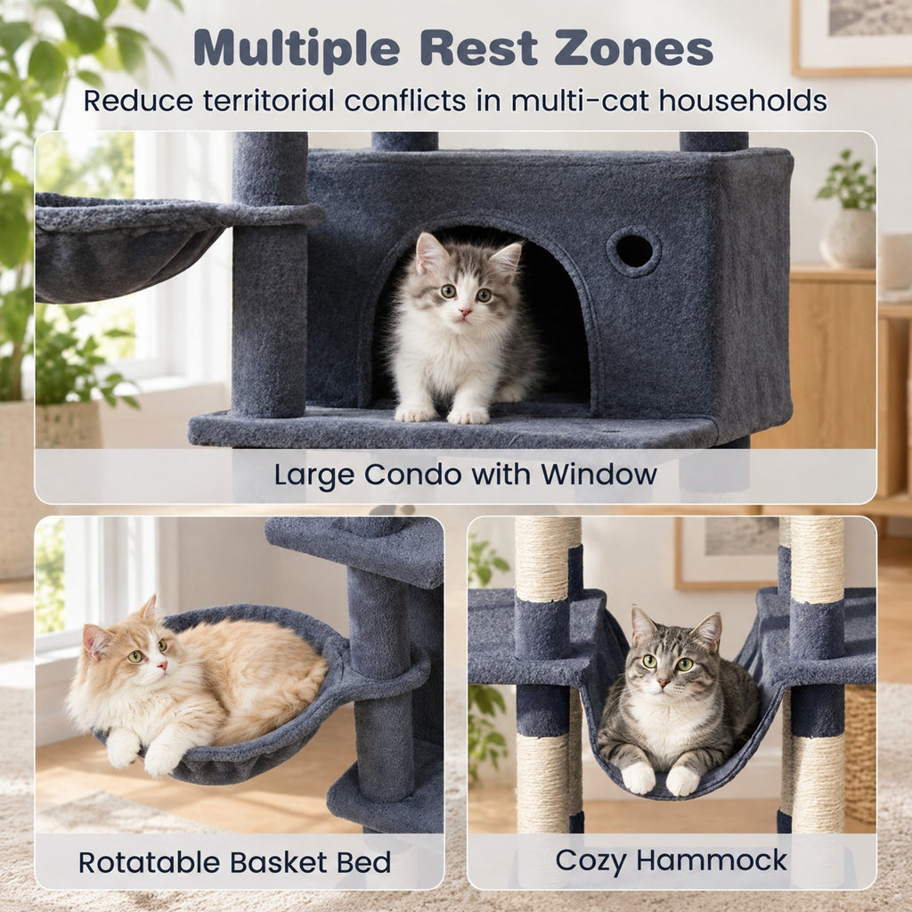 Airfind Large Cat Tree for Indoor Cats 63 Inch Tall Cat Tower, Plush Fabric Sisal Engineered Wood Base Frame, Dark Gray