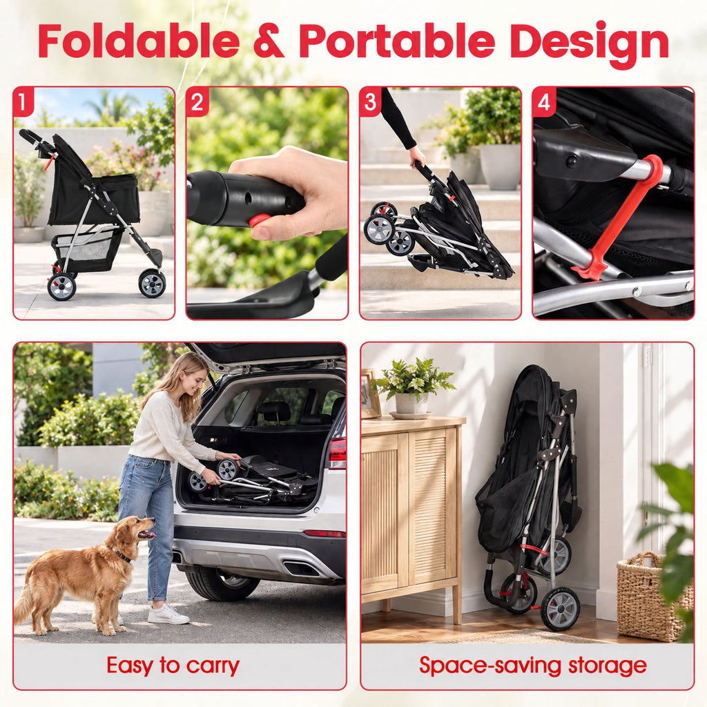Airfind 3 Wheel Pet Stroller for Small Dogs Cats up to 33 LBS, 33 lbs Capacity, 300D Oxford Cloth Metal Mesh Sponge PU PP Frame, Black