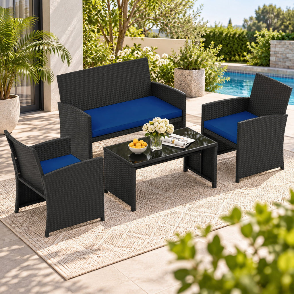 Airfind 4 Pieces Patio Furniture Set with Tempered Glass Tabletop and Removable Cushion, 400 lbs Capacity, Rattan Steel Sponge Frame, Navy