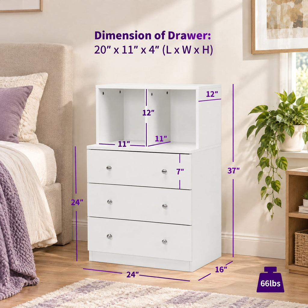 Airfind 3 Drawer Dresser with Cubbies Storage Chest for Bedroom Living Room, Engineered wood metal Frame, 24in x 16in x 37in Footprint, White