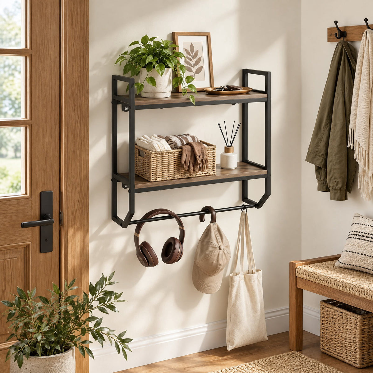 AIRFIND Bathroom Wall Shelf with Towel Bar, 2-Tier Over-Toilet Storage Rack with Metal Frame and 22 in Hanging Rail, 23 in Wide, Gray