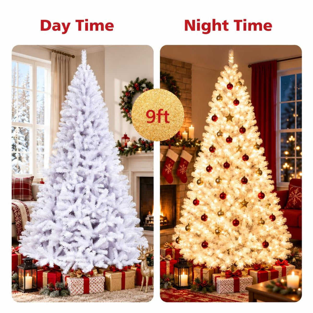 Airfind 6 / 7.5 / 9 Hinged Artificial Christmas Tree with Metal Stand-9 ft, PVC iron Frame, φ 3.8 ft x 6 ft Footprint, White