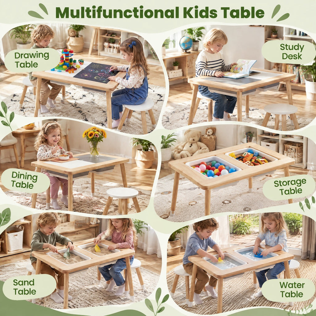 Airfind Wooden Kids Activity Table Set with Double-Sided Boards, 200 lbs Capacity, Pine Wood MDF Frame, 32 x 23 x 19.5 Footprint, Natural