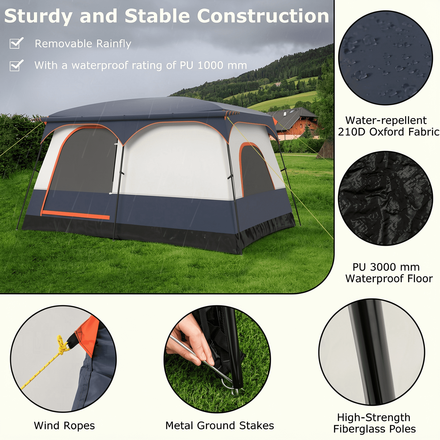 Airfind 6-8 Person Large Family Camping Tent with Porch, 2 Rooms and 2 Doors, Waterproof Cabin Tent with Skylight and Rainfly, Navy