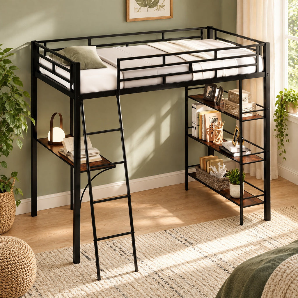 Airfind Twin Size Loft Bed with Desk and Shelves for Kids and Home, 440 lbs Capacity, Metal MDF Frame, 78 x 55.5 x 66.5 Footprint, Black