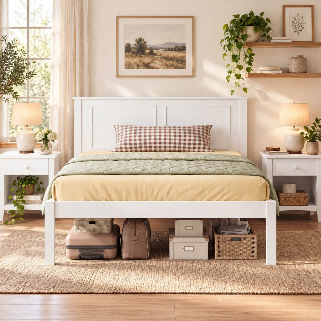 Airfind Twin Size Bed Frame Farmhouse Wooden Platform Bed with Headboard White, 600 lbs Capacity, Solid Wood Plywood Engineered Wood Frame, White