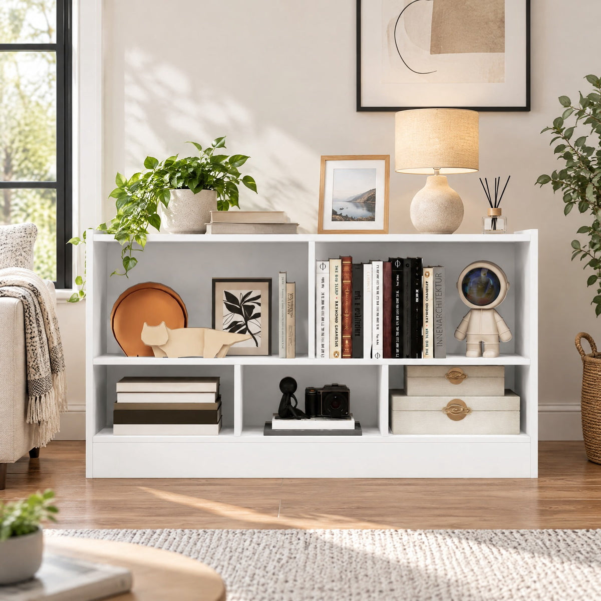 Airfind Kids 5-Cube Bookcase and Toy Storage Organizer, 2-Tier Low Shelf, 44 Inches Wide, for Playroom and Bedroom, White