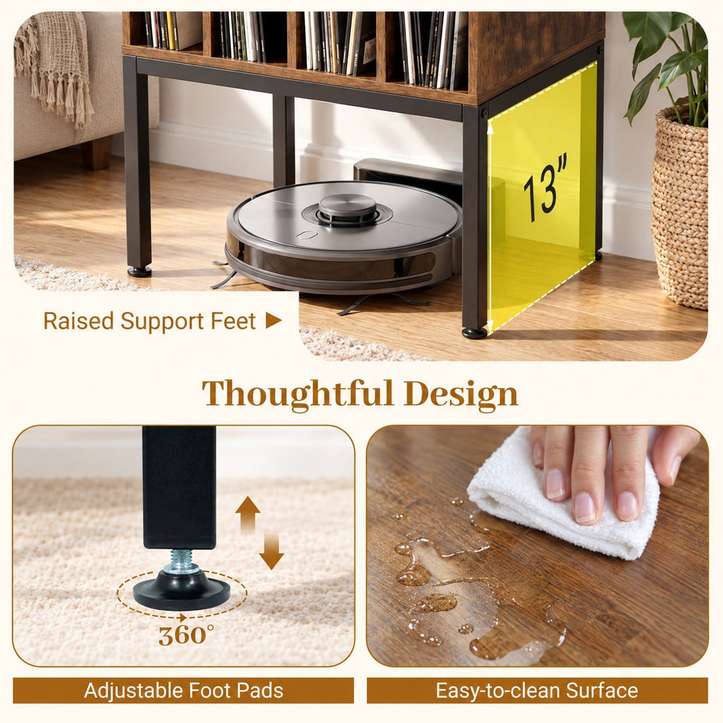 AIRFIND Record Player Stand with Power Outlets, USB and Type-C Ports, Divided Vinyl Storage and Metal Legs, 20 inch Turntable Table, Rustic Brown