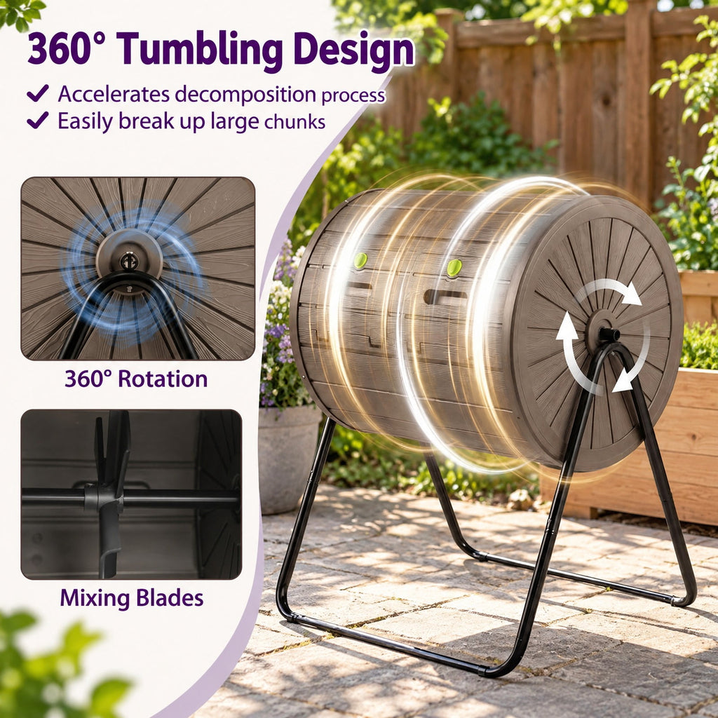 Airfind Compost Tumbler 37.5 Gallon Large Outdoor Compost Bin, PP Metal Frame, 28 x 25 x 36 Barrel Bin Footprint, Coffee