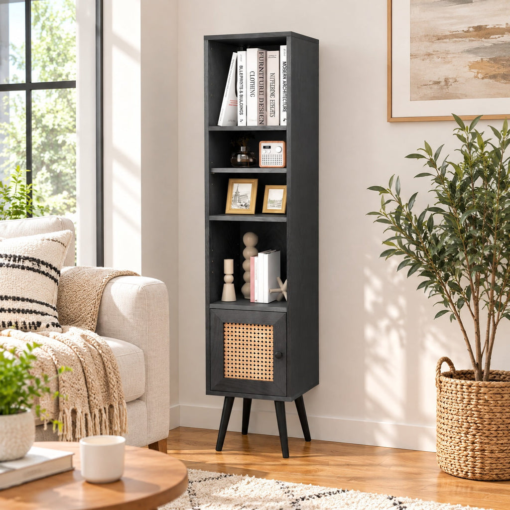Airfind 4 Tiers Rattan Storage Cabinet with Slim Design, 135 lbs Capacity, Engineered Wood Solid Wood Rattan Frame, 12 x 12 x 54 Footprint, Black