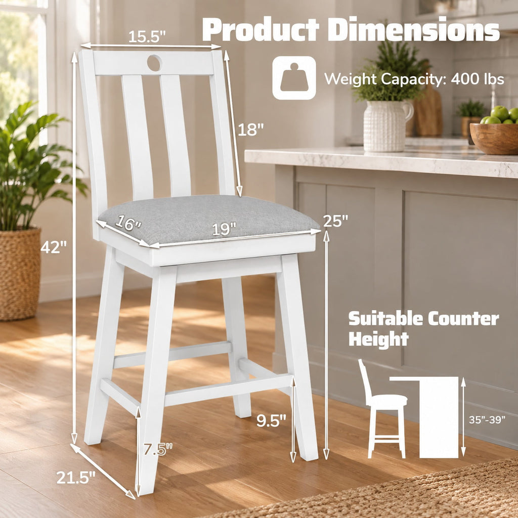 Airfind 25 Inch Modern Bar Stools Set of 2 with Upholstered and 360° Rotation Seat, 400 lbs Suitable Counter Height 35 Inch -39 Inch Capacity, White