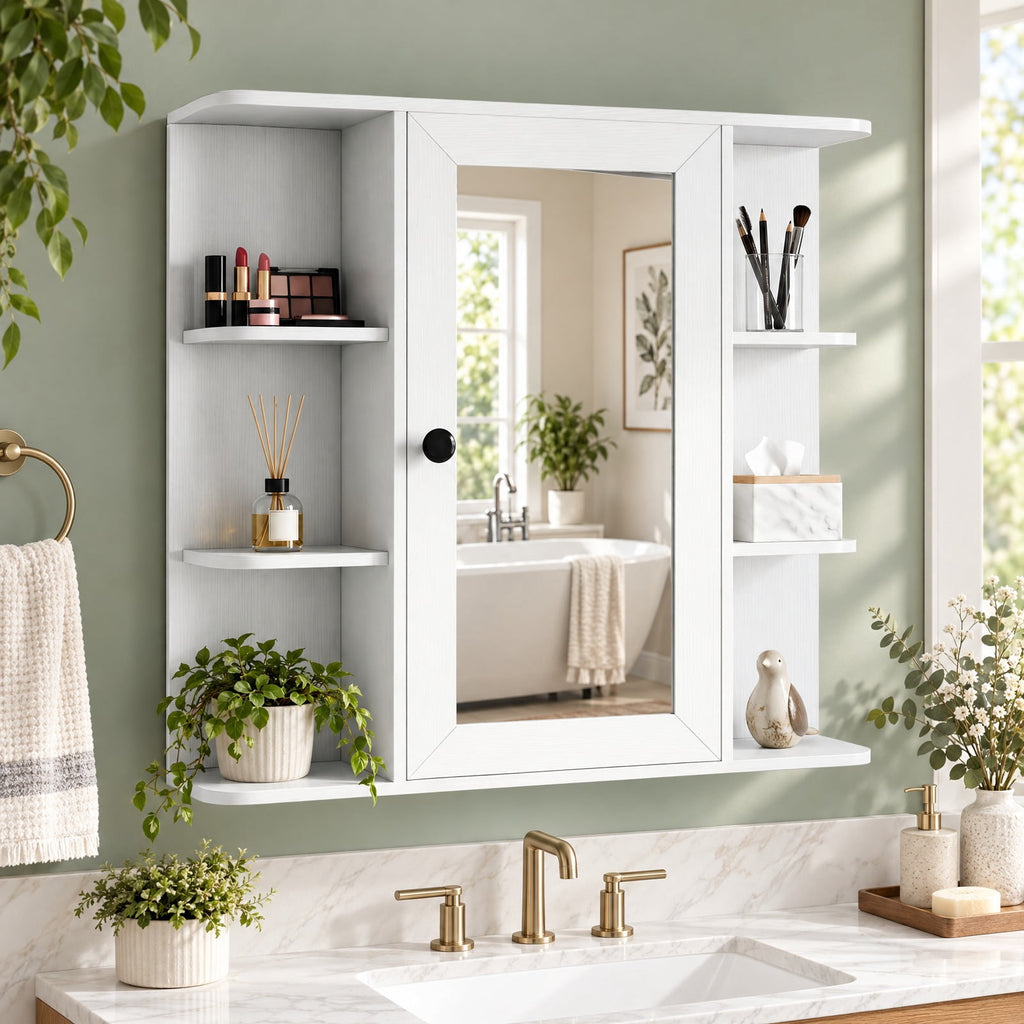 Airfind Wall Mounted Bathroom Medicine Cabinet with Mirror and Shelves, 120 lbs Capacity, MDF Engineered Wood Glass Frame, White