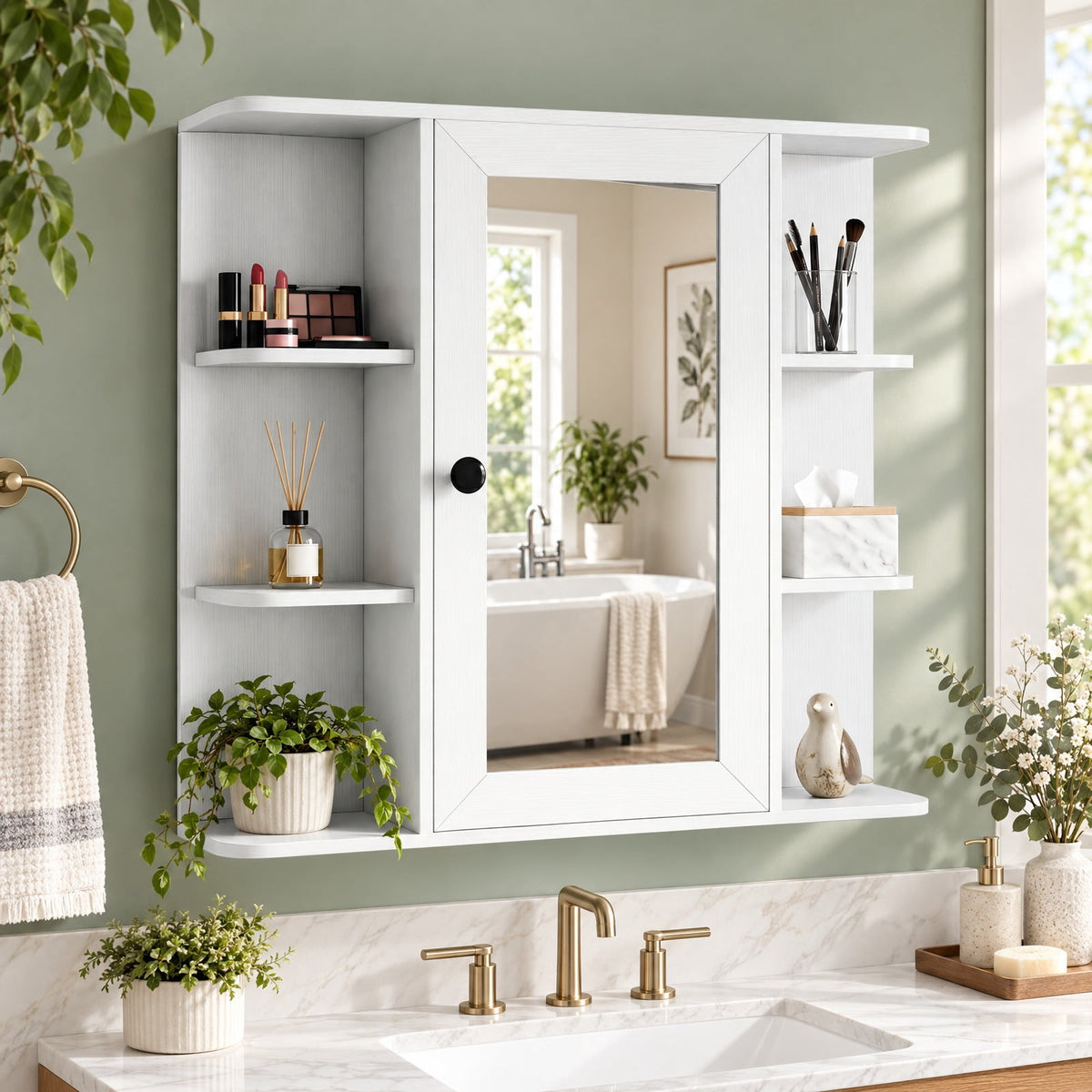 Airfind Wall Mounted Bathroom Medicine Cabinet with Mirror and Shelves, 120 lbs Capacity, MDF Engineered Wood Glass Frame, White