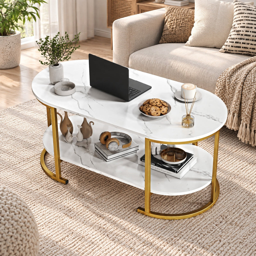 Airfind Oval Coffee Table 2-Tier Wooden Accent Table with Spacious Tabletop and Open Storage Shelf, Engineered Board Metal Frame, White
