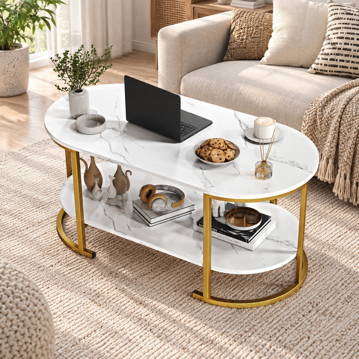 Airfind Oval Coffee Table 2-Tier Wooden Accent Table with Spacious Tabletop and Open Storage Shelf, Engineered Board Metal Frame, White