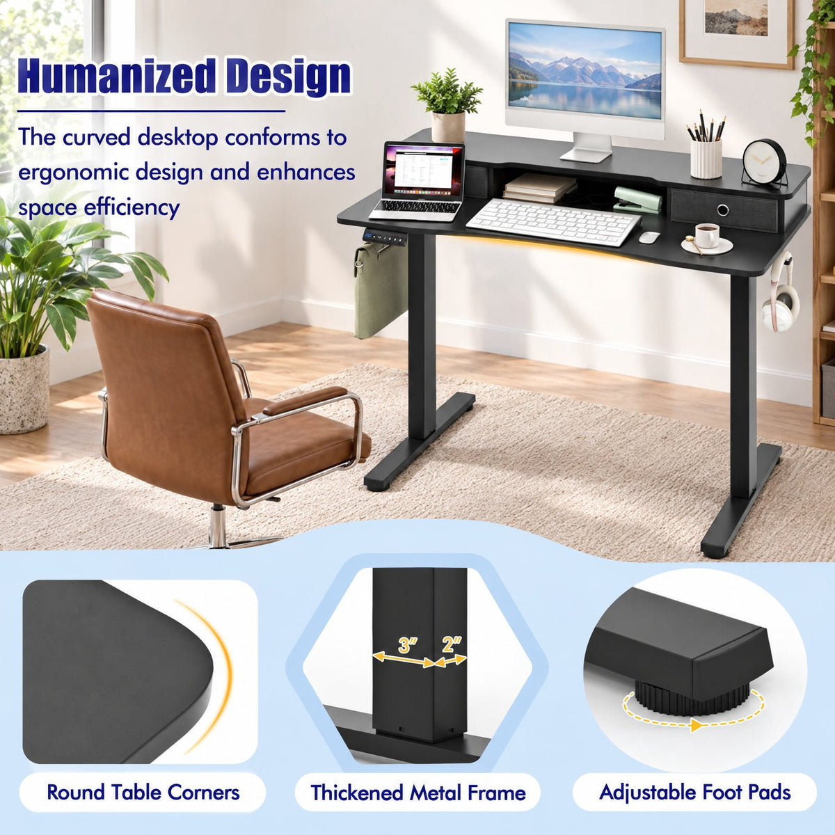 Airfind 48 Inch x 24 Inch Height Adjustable Electric Standing Desk with 2 Drawers, 200 lbs Capacity, Engineered Wood Metal Fabric Frame, Black