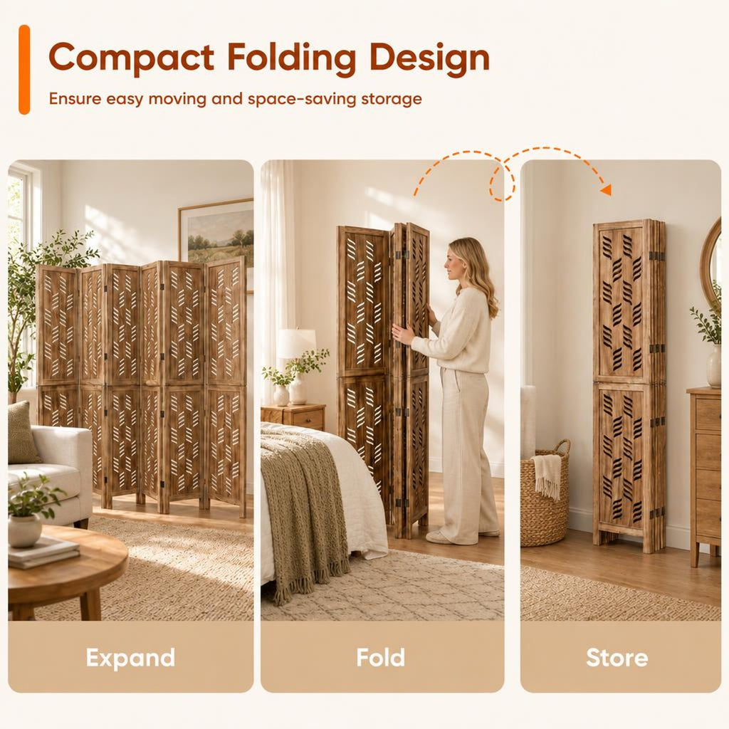 Airfind 5.5 FT Tall Room Divider 6 Panels with Wave Cutout and Paulownia Frame for Room, Paulownia Wood Metal Frame, 95in x 67in Footprint, Brown