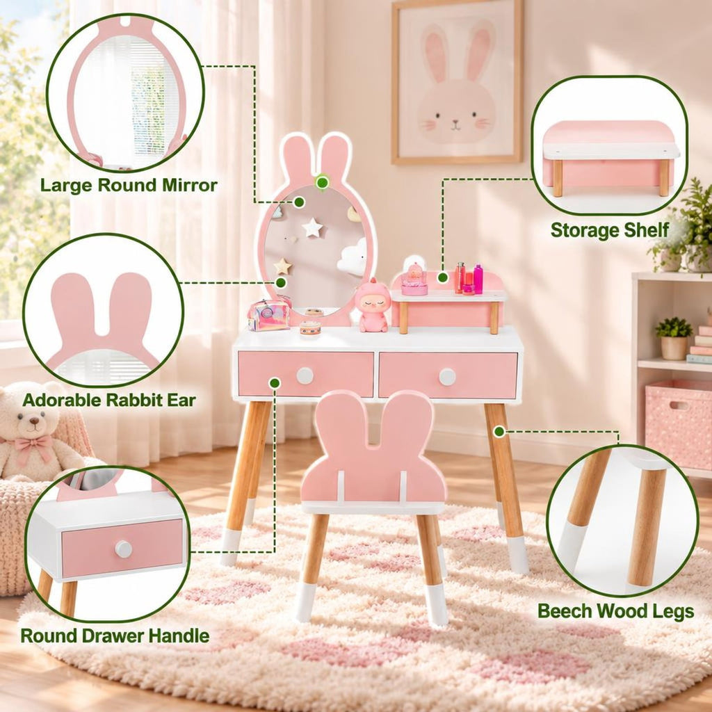 Airfind Kids Vanity Table and Chair Set with Drawer Shelf and Rabbit Mirror, 66 lbs Capacity, MDF Beech Wood Frame, Pink