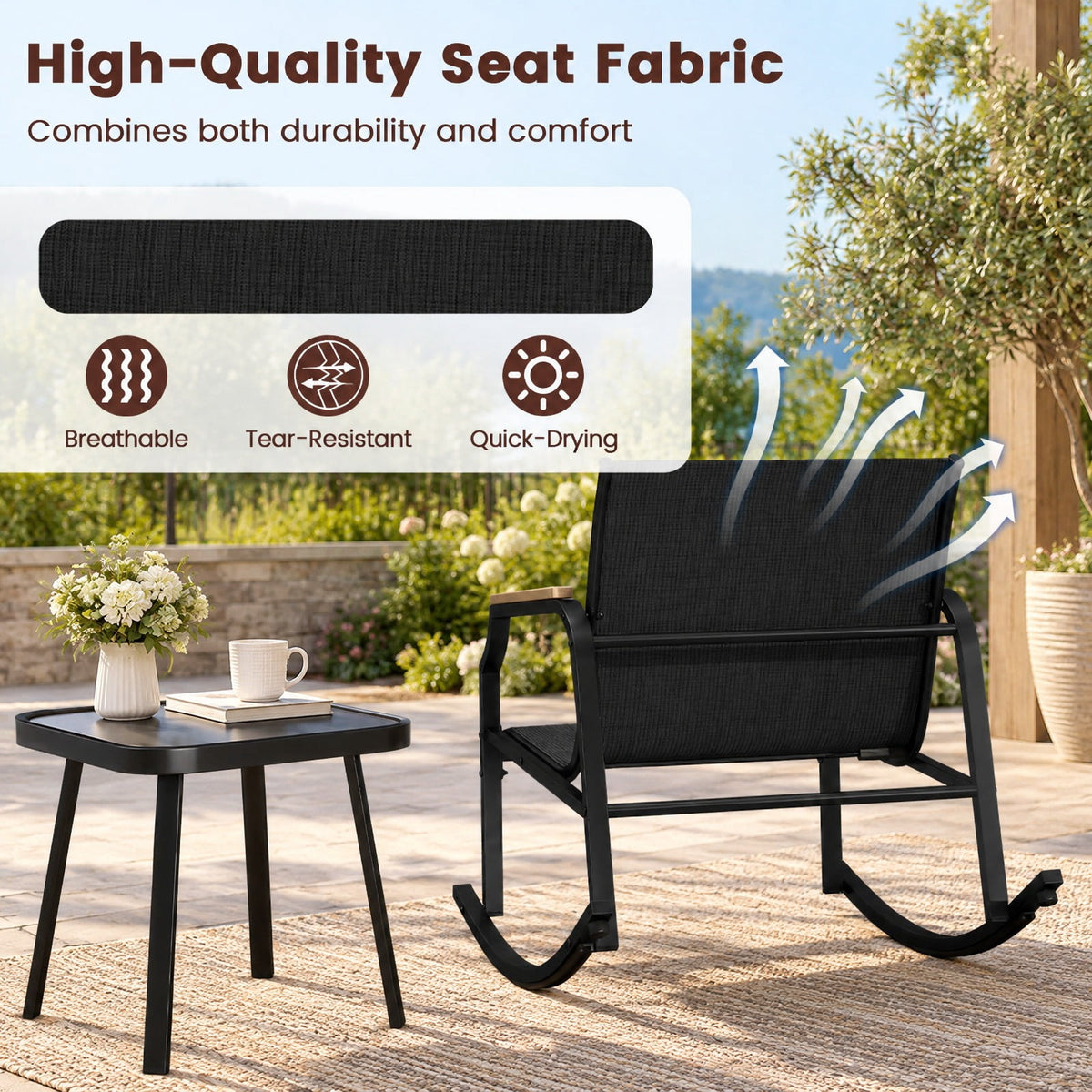 Airfind 3 Piece Patio Rocking Bistro Set with Tempered Glass Coffee Table and Armrests for Porch, Rocking Chair 330 lbs Capacity, Black