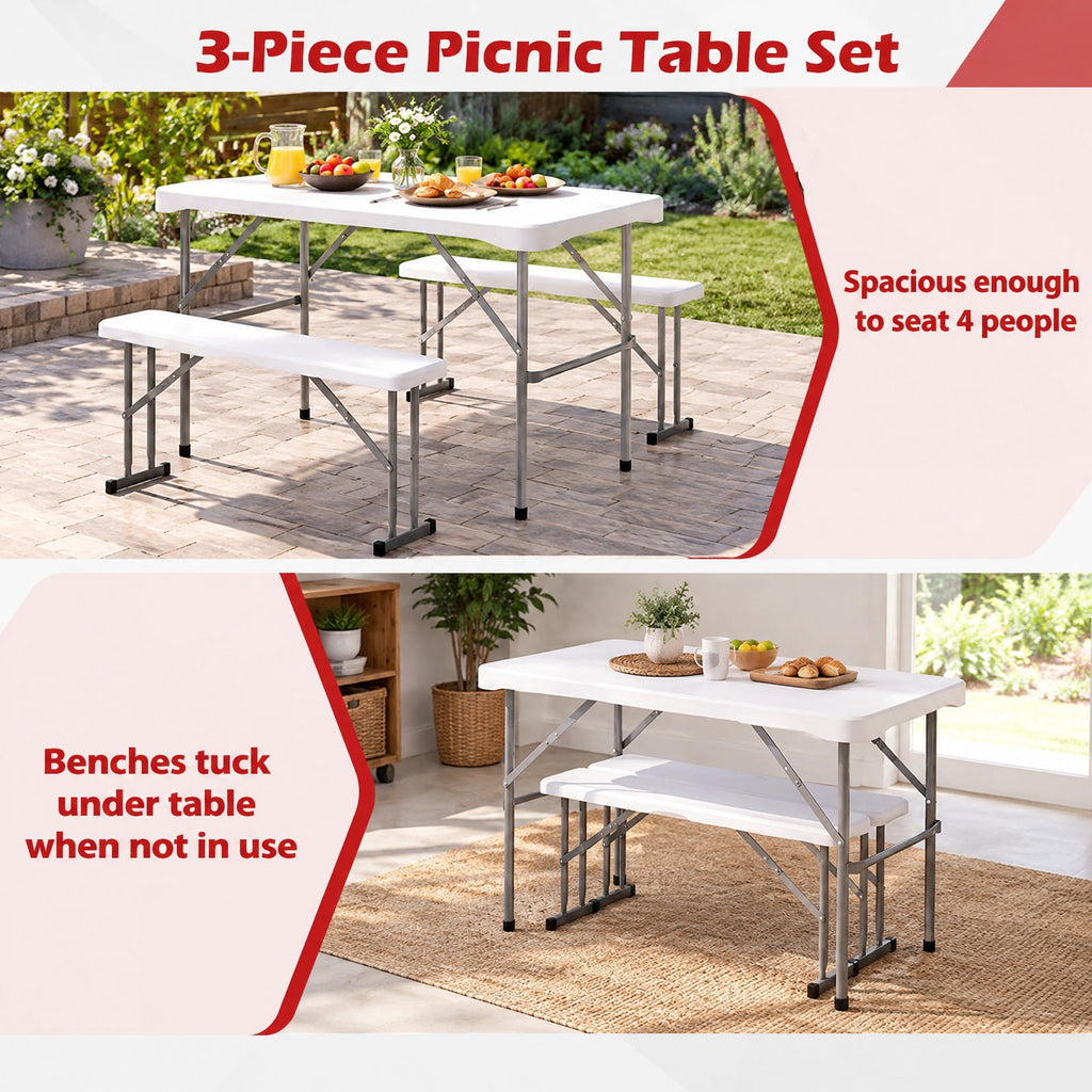 Airfind 44 Inch HDPE Folding Picnic Table Set with 2 Benches, 110 lbs Capacity, HDPE Metal Frame, 44 Inch x 24 Inch x28 Inch Footprint, White