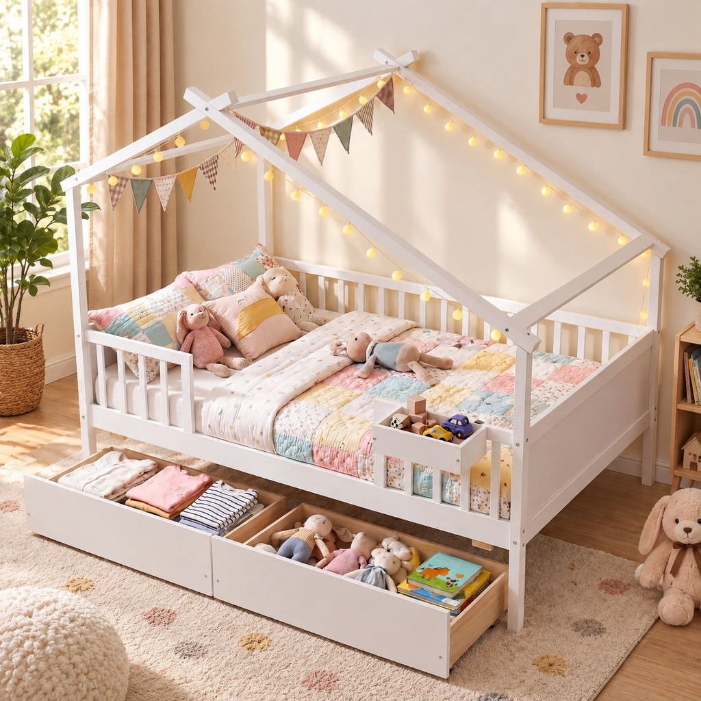 Airfind Full Size House Bed with Roof and Fence Rails for Kid, 550 lbs Capacity, Pine Wood Plywood MDF Engineered Wood Frame, White
