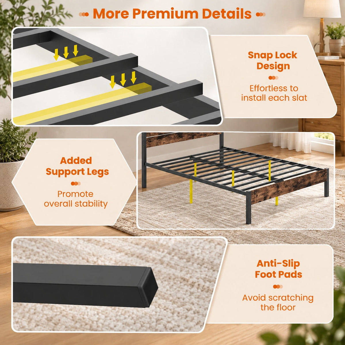 Airfind Queen Metal Bed Frame with Wood Headboard, 12 Slats, Under-Bed Storage, No Box Spring, Rustic Brown