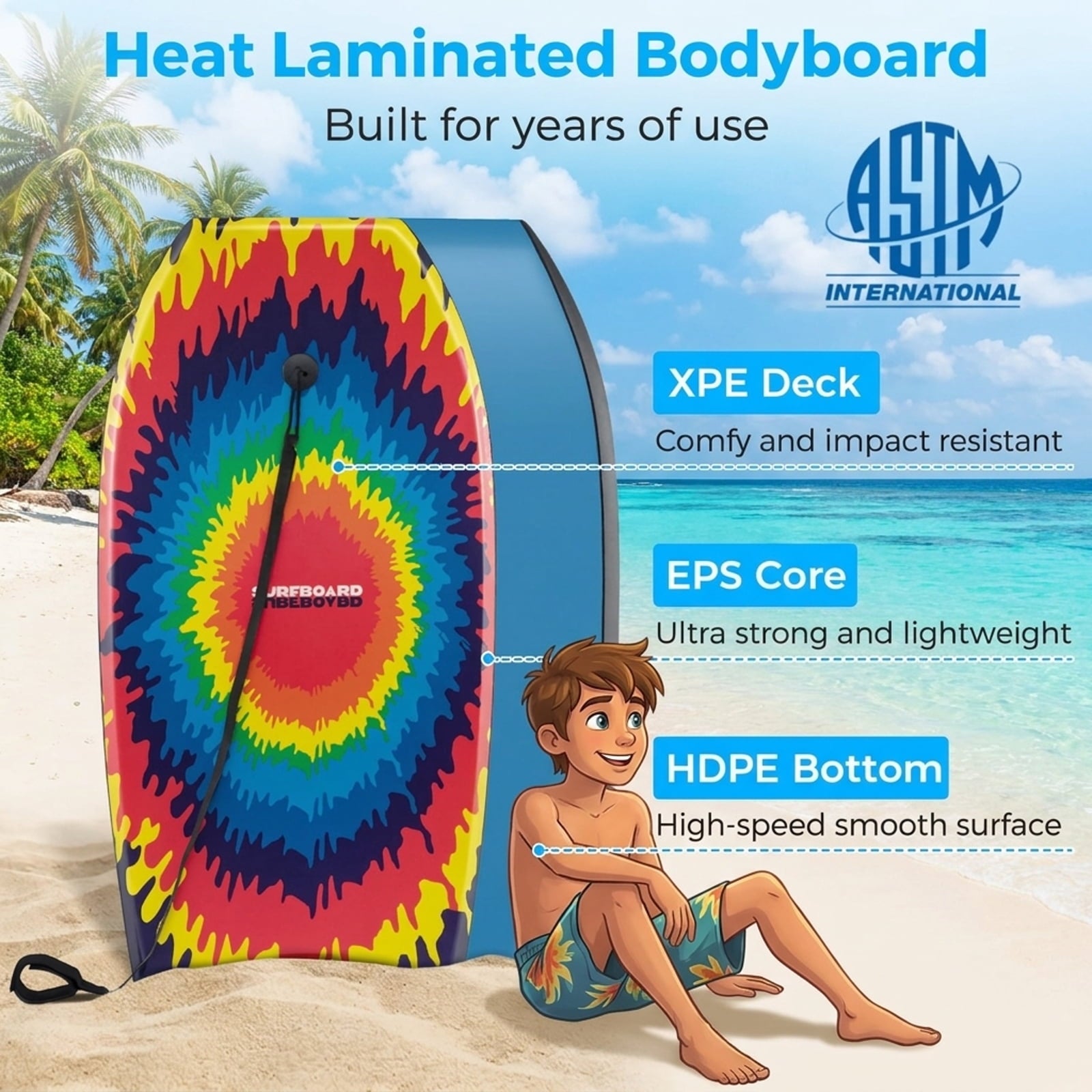 Airfind 41 Boogie Board with Geometric Drift Graphic Deck ¡ª EPS Core, XPE Top, HDPE Slick Bottom, Crescent Tail, Coiled Wrist Leash