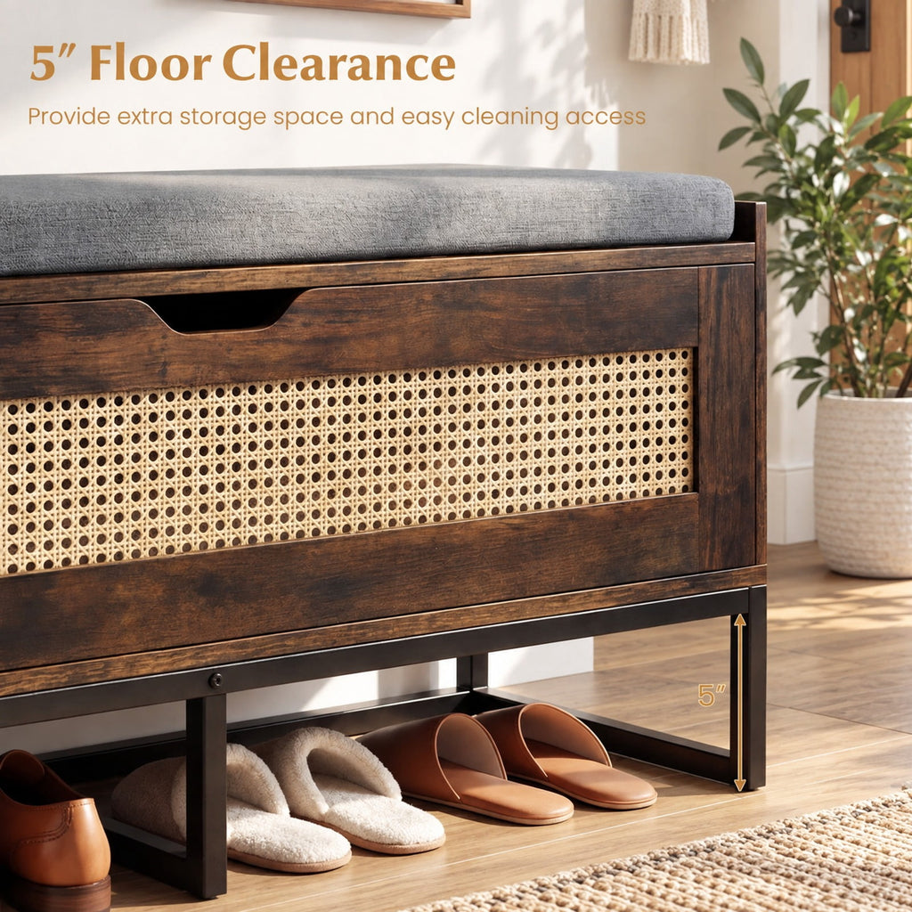 Airfind 39.5in Rattan Storage Chest Wicker Shoe Bench with Padded Seat Flip-Top, 440 lbs Capacity, Engineered Wood PE Rattan Metal Frame, Brown
