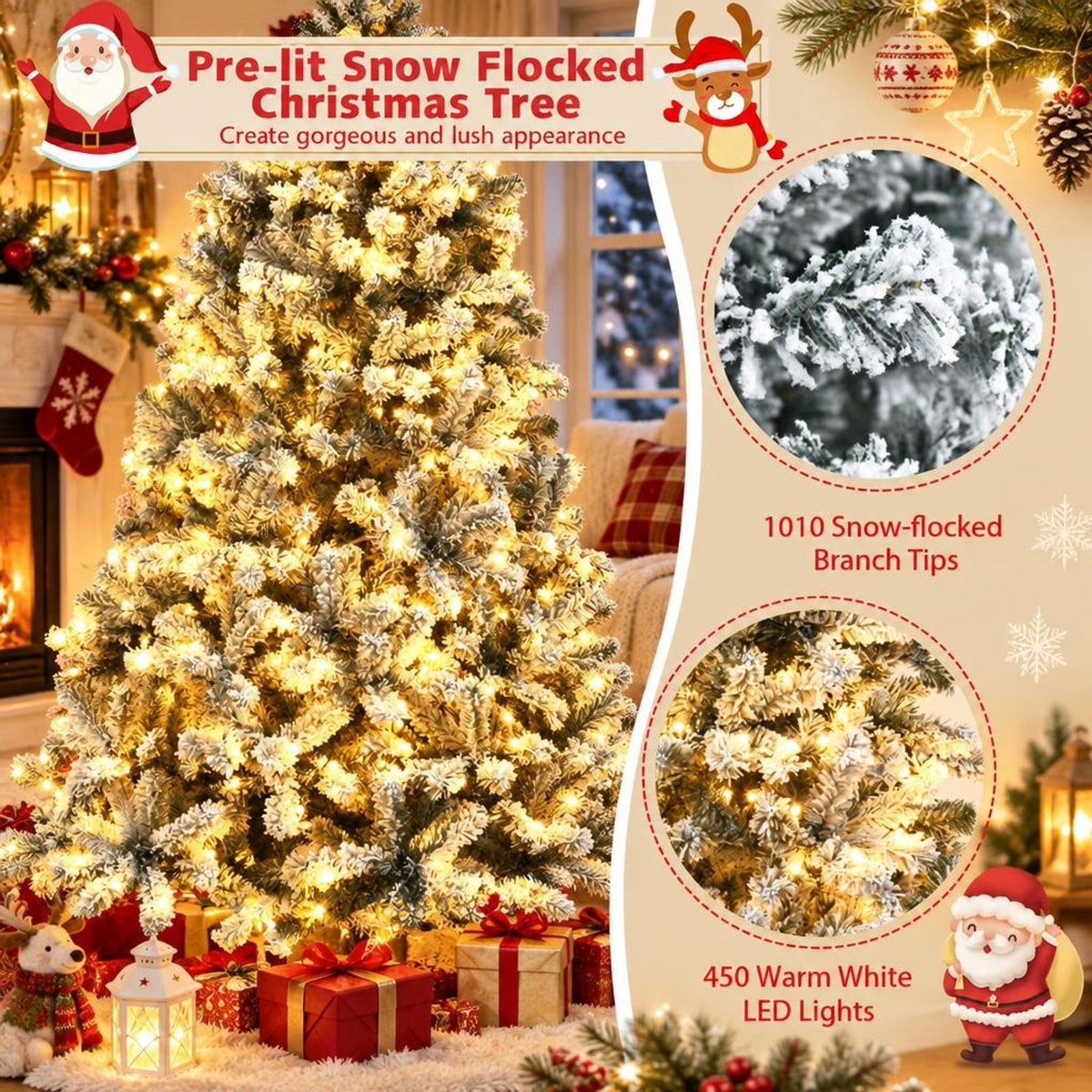 Airfind Pre-Lit Premium Snow Flocked Hinged Artificial Christmas Tree-7.5 ft, White and Green, True-to-life appearance with wintry flocking