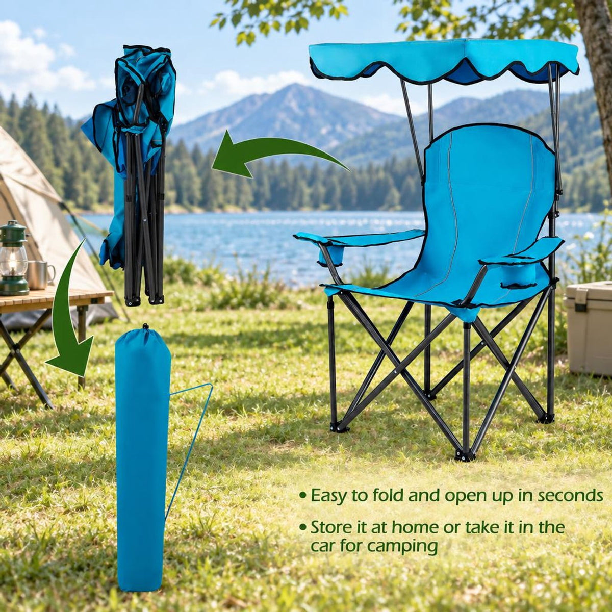 Airfind Portable Folding Beach Canopy Chair with Cup Holders, 265 lbs Capacity, Steel tubes Frame, 38 x 26.5 x 51 Footprint, Light Blue