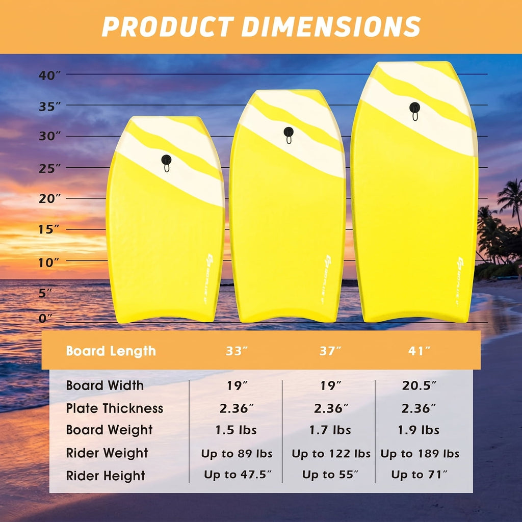 Airfind 33 Inch Yellow Surfing Bodyboard for Kids ¡ª XPE Deck, EPS Core, HDPE Slick Bottom, Crescent Tail, Wrist Leash Included