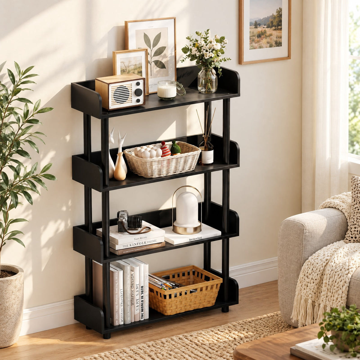 Airfind 4-Tier Bookshelf Open Bookcase with Anti-Tipping Kit Industrial Storage Unit, 33 lbs Capacity, Engineered Wood PE PP Frame, Black