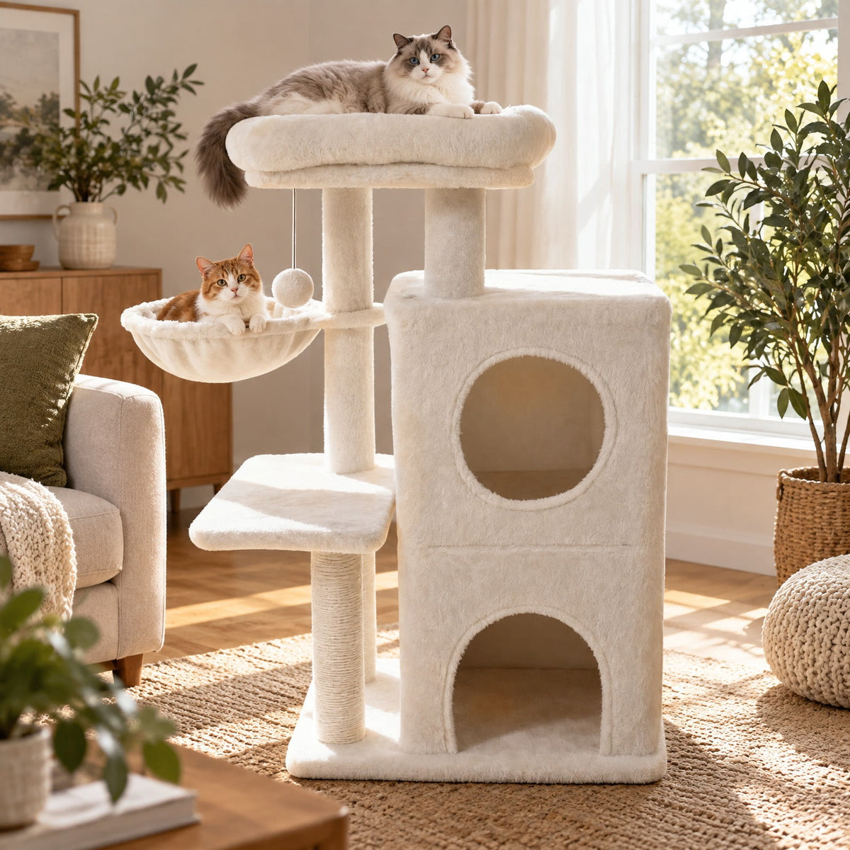 Airfind 33.5 Inch Cute Kitten Tower with 2-Tier Condo and Padded Top Perch, 22 lbs Capacity, Engineered Board Sisal Plush Fabric PP Polyester Frame