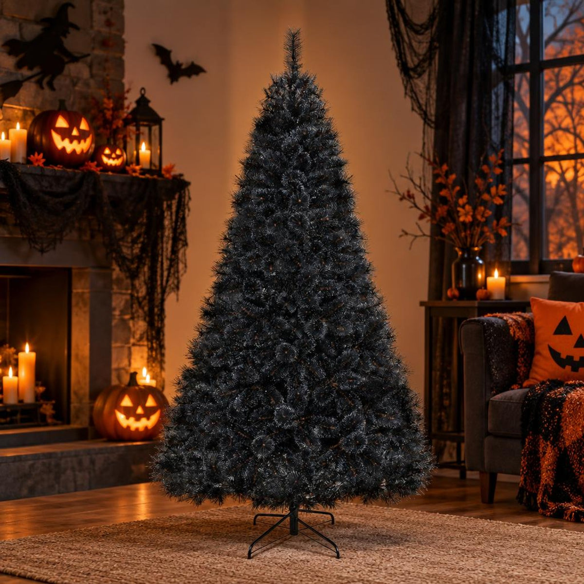 Airfind 6/7/8 Feet Black Artificial Halloween Christmas Tree with PVC Branch Tips and 210/320/450 Cool White LED Lights, Black