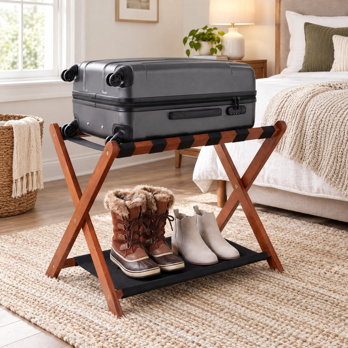 Airfind Solid Rubberwood Folding Luggage Rack with Nylon Shelves, 110 Lbs Capacity, Rubberwood Nylon, 26.5 Inch X 18 Inch X 20.5 Inch, Brown