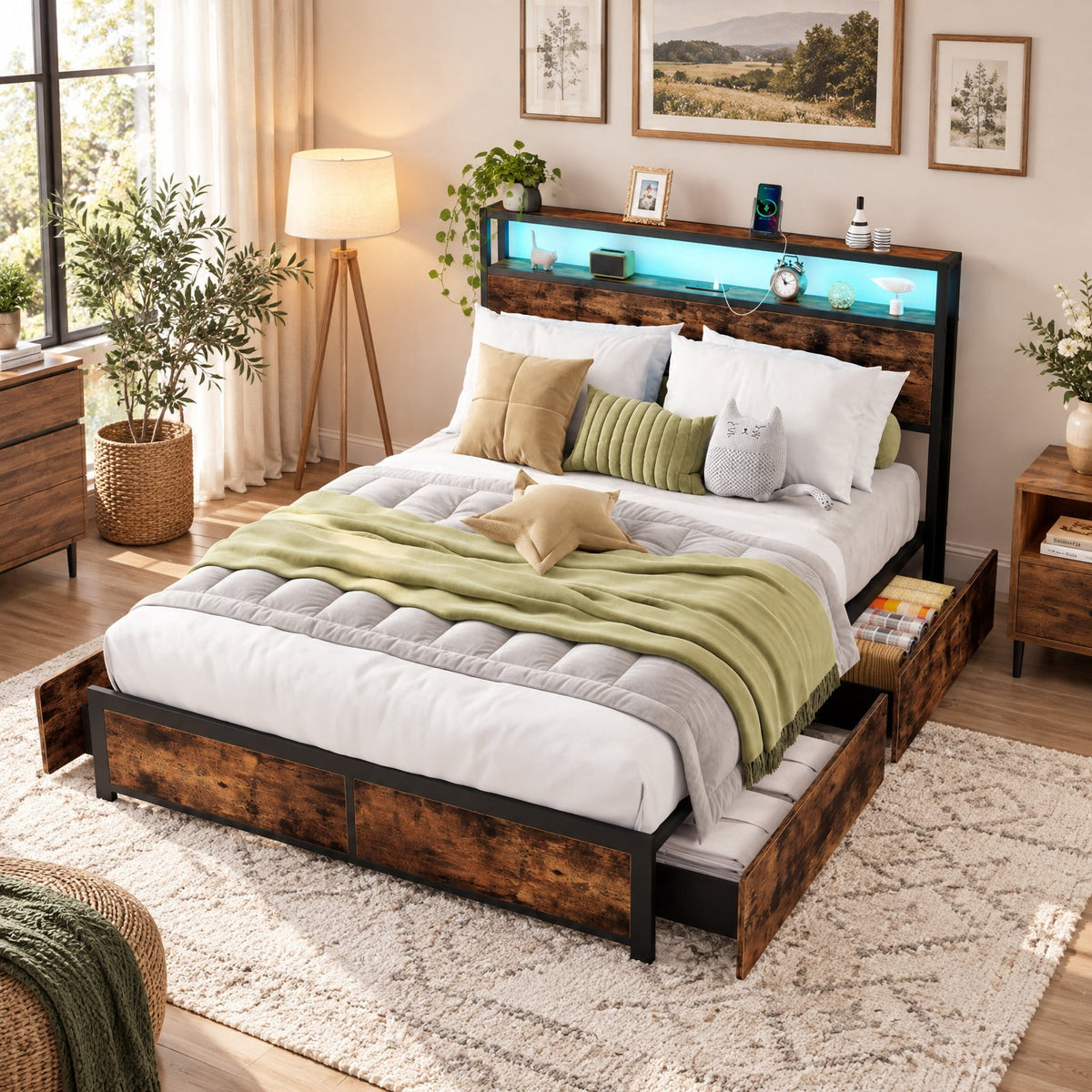 Airfind Full/Queen Size LED Bed Frame with Charging Station and 4 Storage Drawers, 81 Inch x 56 Inch x 40 Inch Inner Footprint